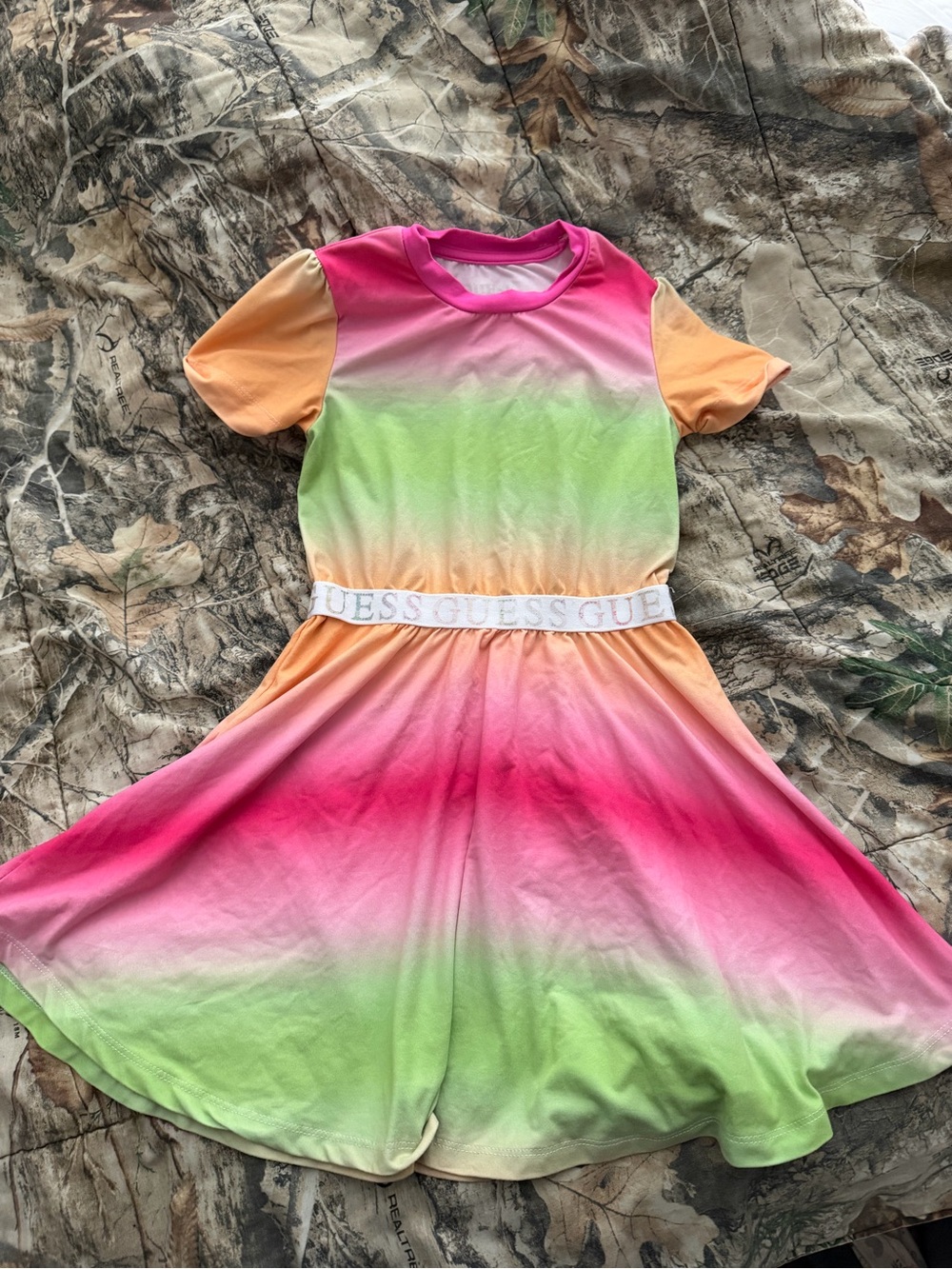 GUESS Rainbow Ombre Pink Green & Peach Logo Waistband Dress